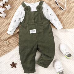 Cute Little Bear Printed Clothing Set White Long Sleeve Top+Green Strap Pants Autumn for baby - PMMNAPOLES