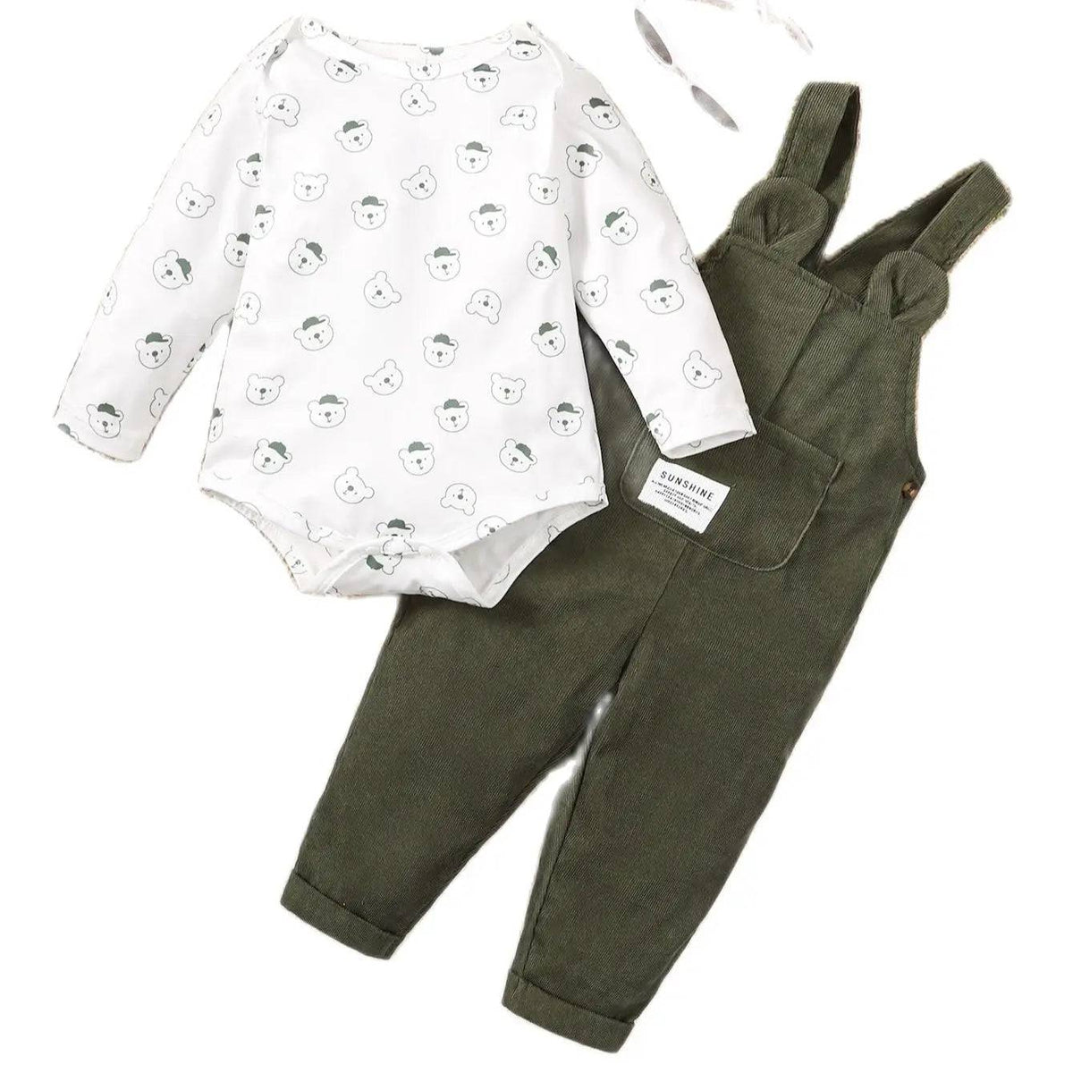 Cute Little Bear Printed Clothing Set White Long Sleeve Top+Green Strap Pants Autumn for baby - PMMNAPOLES