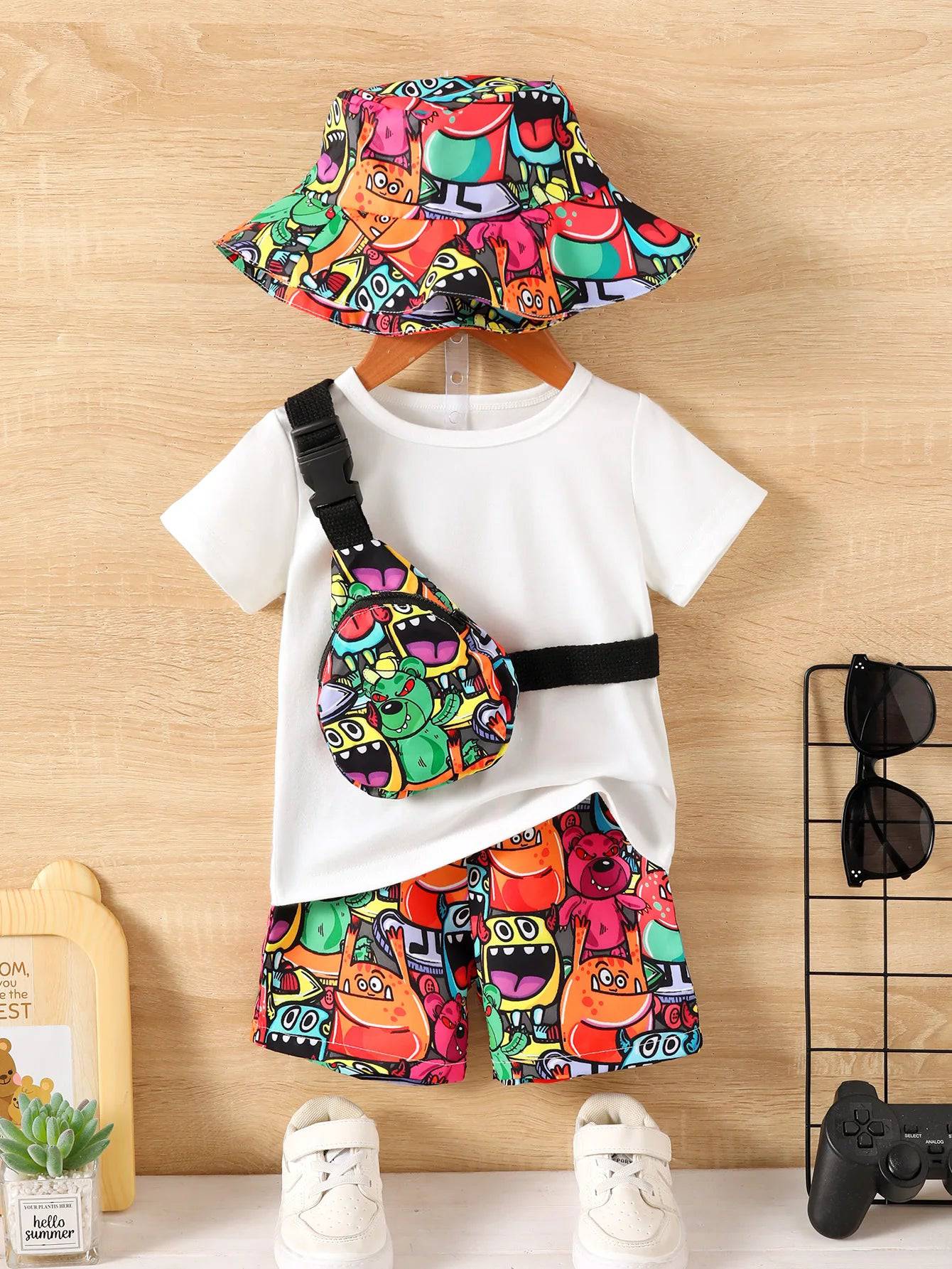 Baby Boys Summer Fashion Funny Pure White T-Shirt Top Cartoon Monster Print Straddle Bag Pocket Pants Sunscreen Hat - PMMNAPOLES