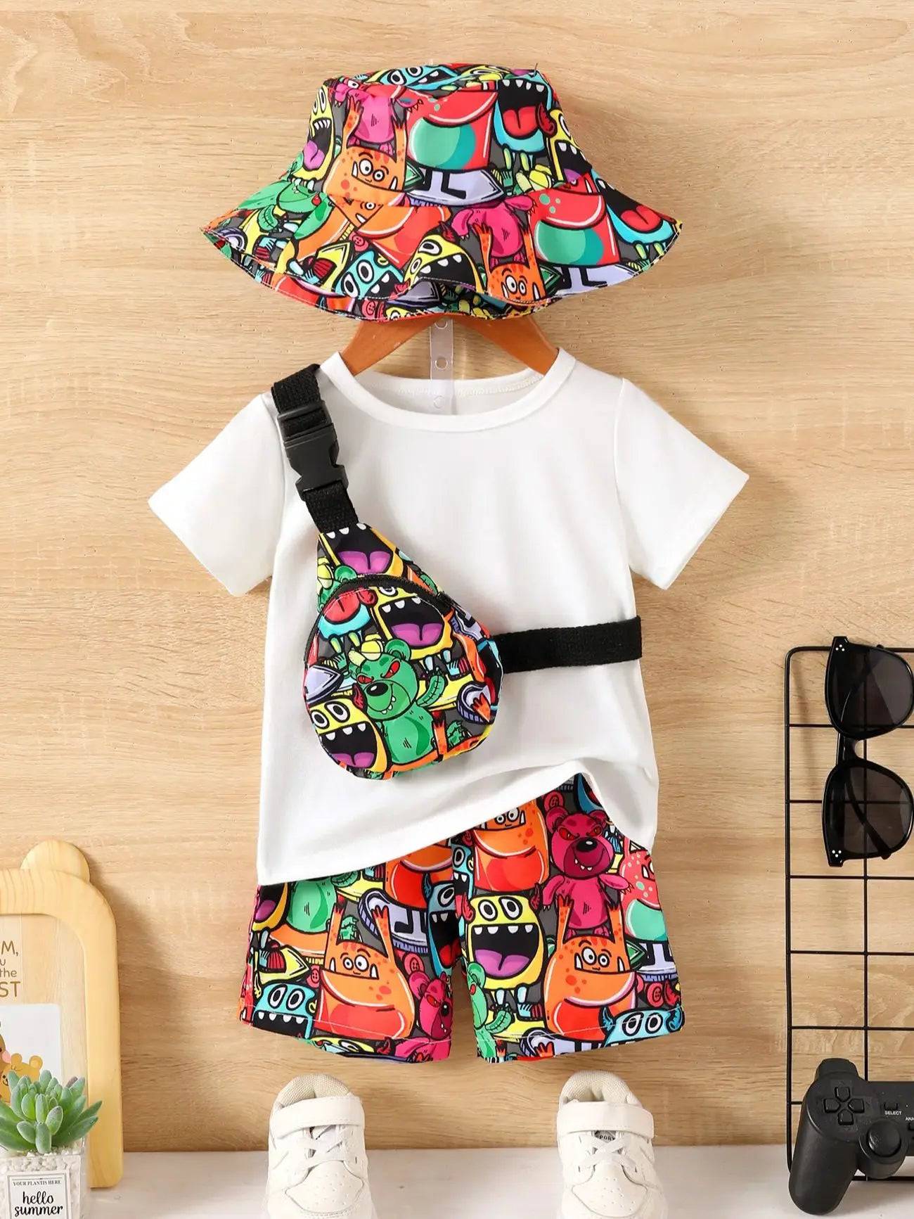 Baby Boys Summer Fashion Funny Pure White T-Shirt Top Cartoon Monster Print Straddle Bag Pocket Pants Sunscreen Hat - PMMNAPOLES