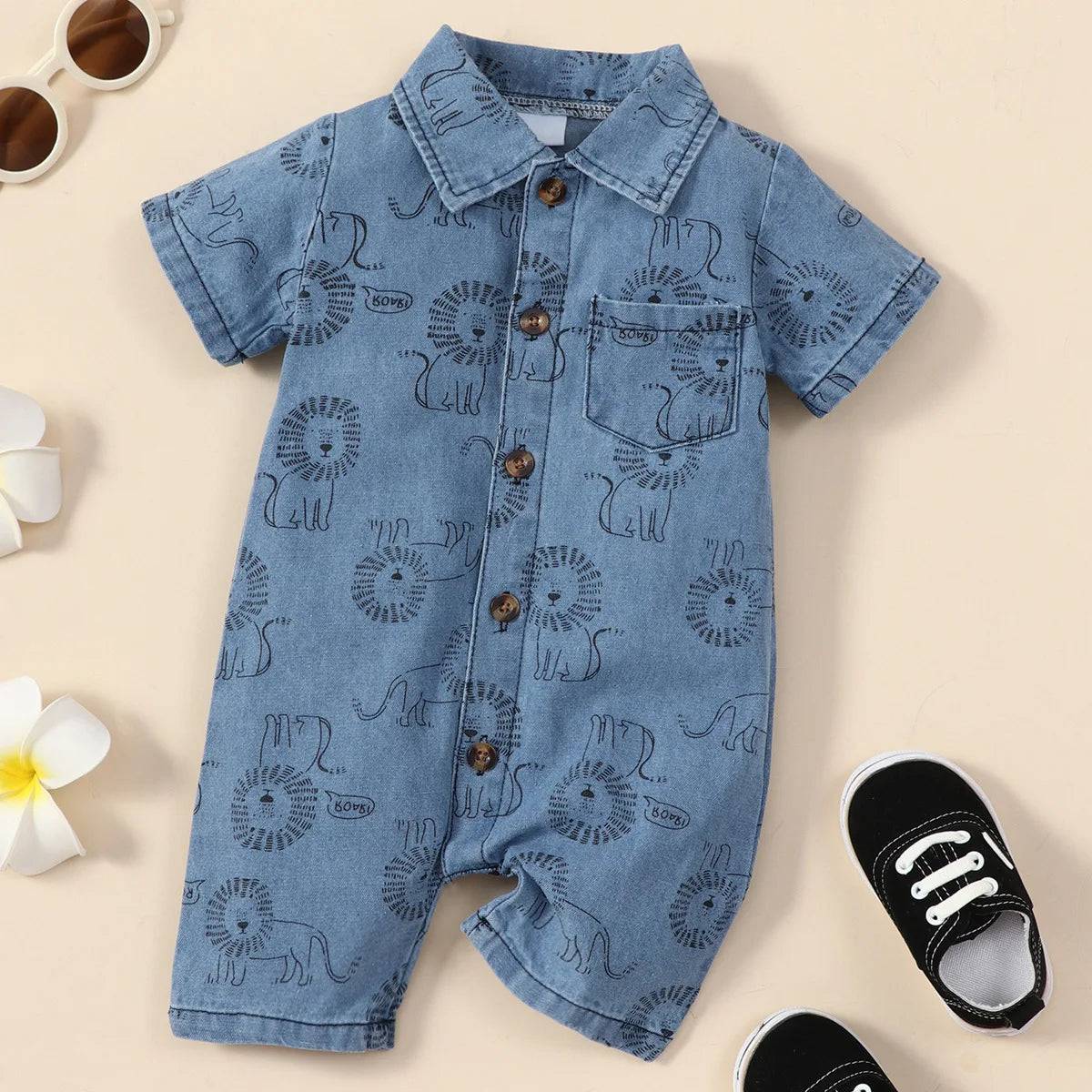 Summer New Short sleeved Polo Collar Single breasted Cartoon Little Printed Denim Shorts jumpsuit for small and medium-size - PMMNAPOLES