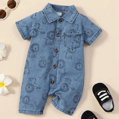 Summer New Short sleeved Polo Collar Single breasted Cartoon Little Printed Denim Shorts jumpsuit for small and medium-size - PMMNAPOLES