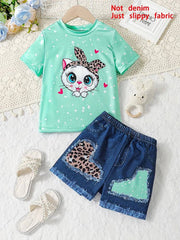 Summer Girls' Short-sleeve Casual Holiday Bow Kitten Print Children's Suit - PMMNAPOLES